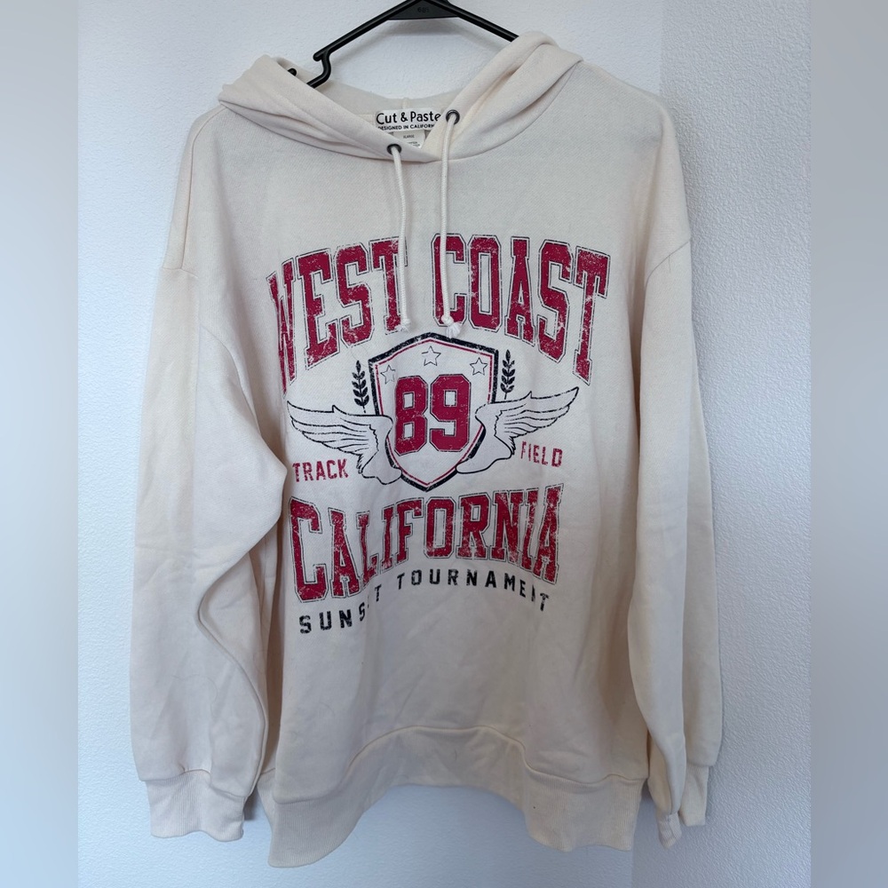 Cut & Paste Cream Hoodie with Red Print